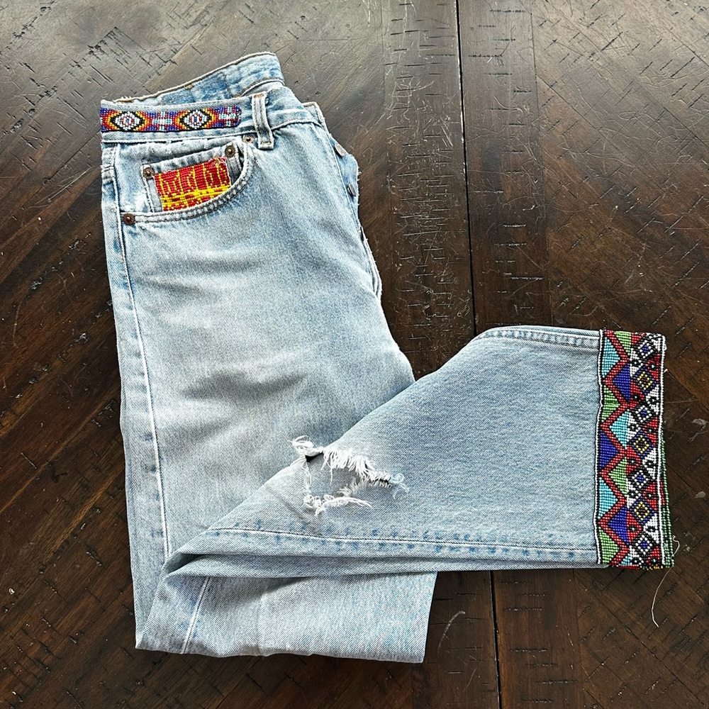 VINTAGE Buzz 18 Reworked Levi’s 501s - Beaded Embellished Jeans from the 90s